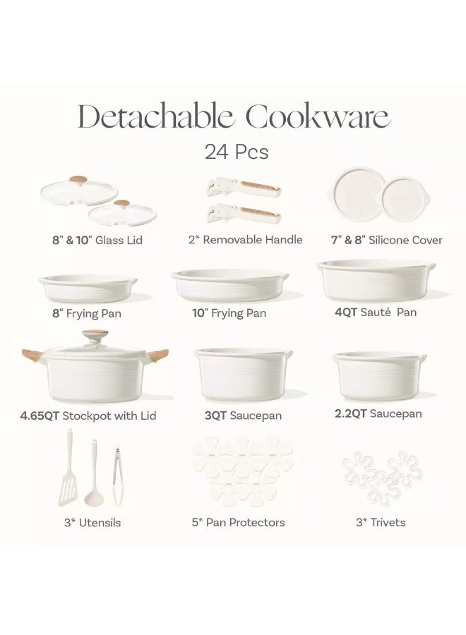Carote 24-Piece Ceramic Nonstick Cookware Set with Detachable Handle, PFAS-Free Healthy Cooking Pots & Pans, Stackable Design with Pour Spouts, All-Stovetop Compatible, Dishwasher Safe (Cream) - Image 2